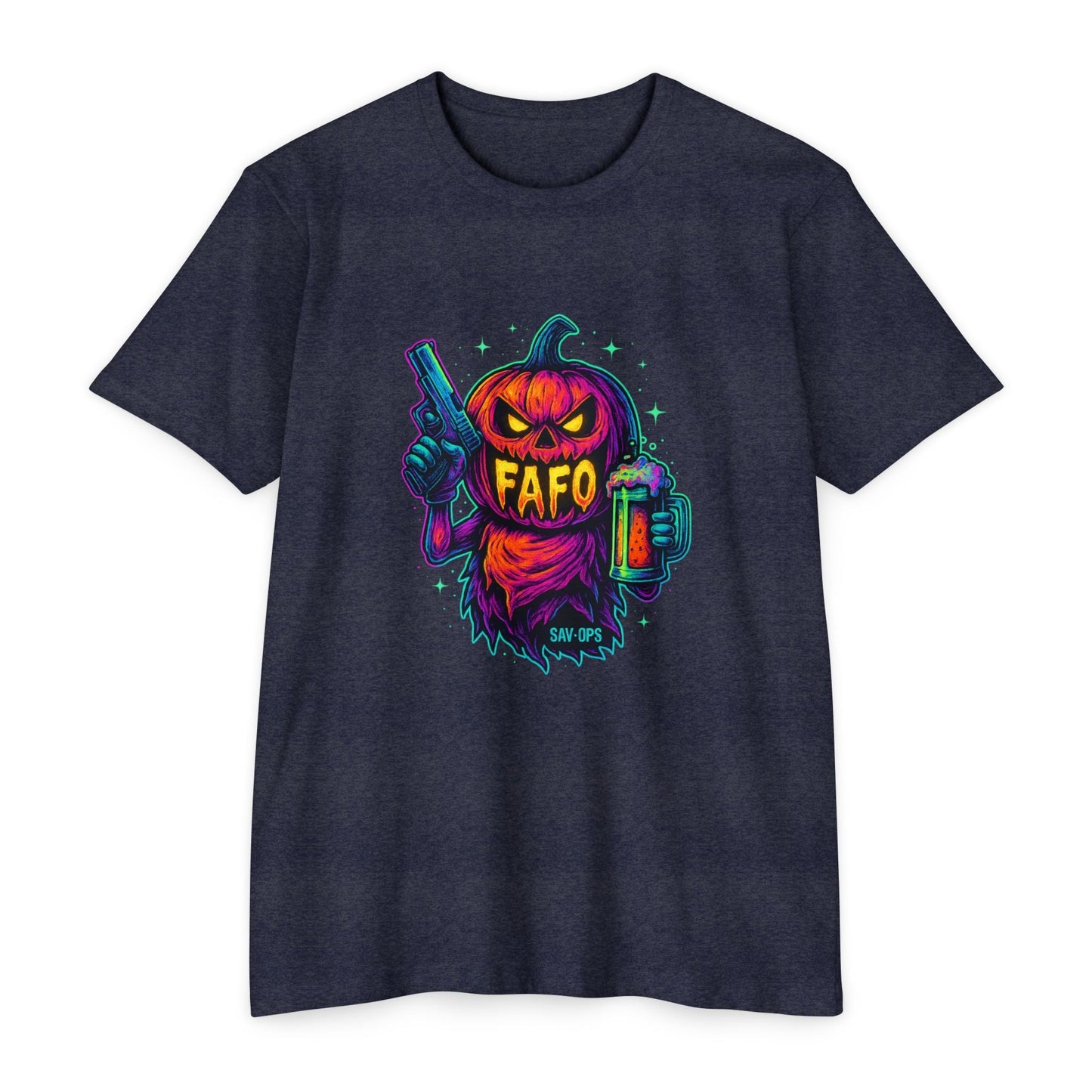 FAFO Pumpkin – Neon Jack T (Front Print) | Savage Operators - Savage Operators Tactical Tee | T-Shirt | Savage Operators Clothing | Patriotic Apparel | Military Humor | High Quality CVC Midnight Navy