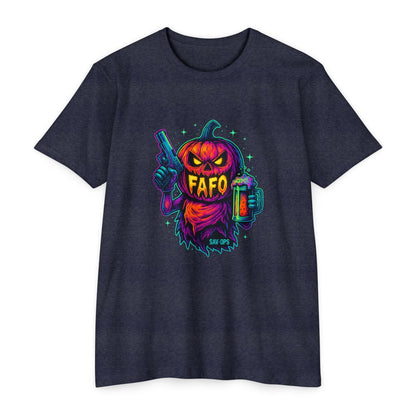 FAFO Pumpkin – Neon Jack T (Front Print) | Savage Operators - Savage Operators Tactical Tee | T-Shirt | Savage Operators Clothing | Patriotic Apparel | Military Humor | High Quality CVC Midnight Navy