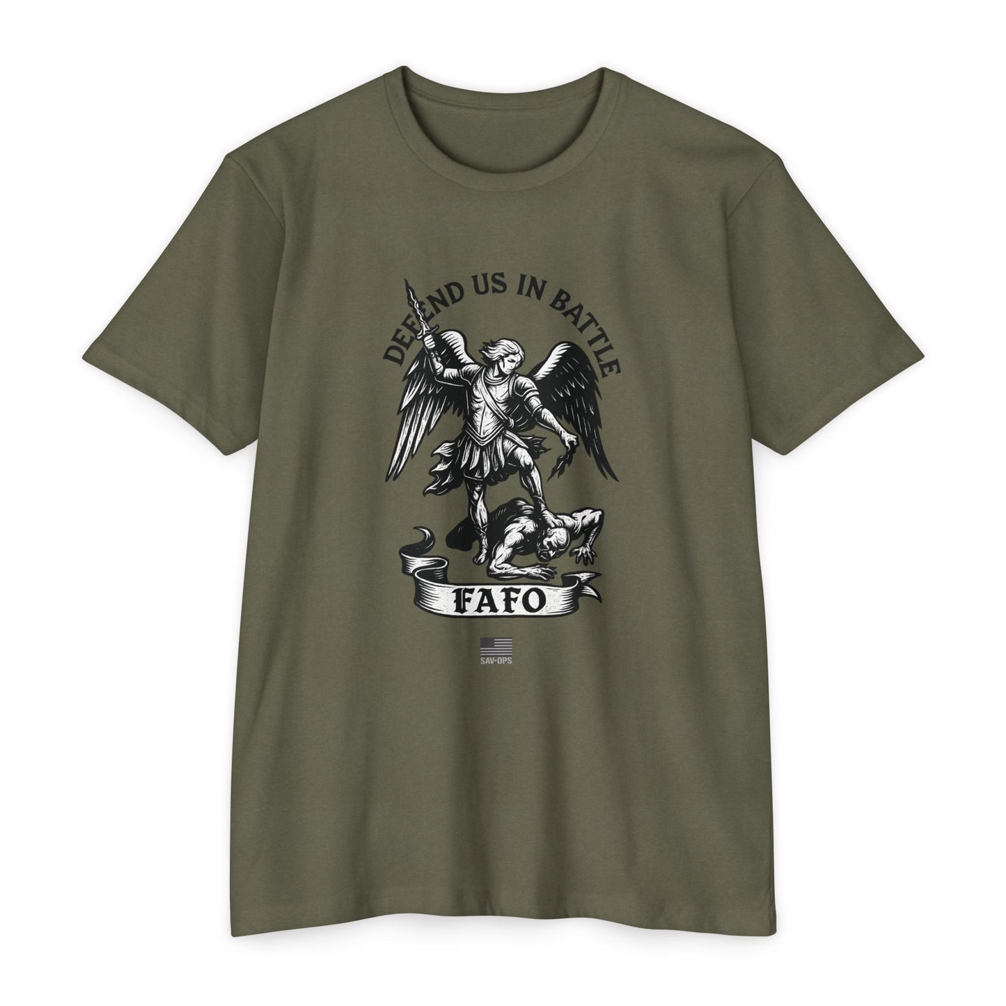 FAFO – St. Michael Archangel Tee | Savage Operators - Savage Operators Tactical Tee | T-Shirt | Savage Operators Clothing | Patriotic Apparel | Military Humor | High Quality CVC Military Green
