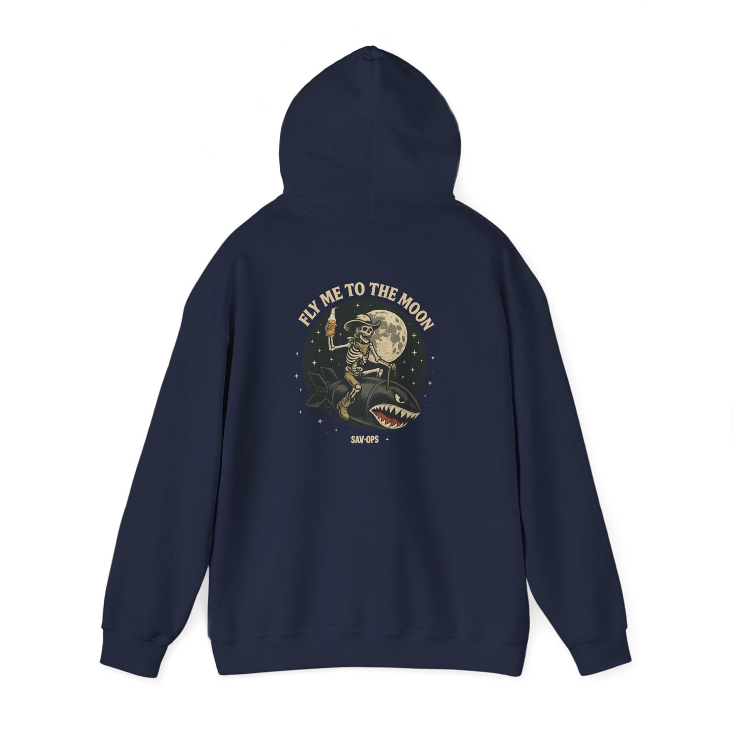 Fly Me to the Moon Moon — Skeleton Flight Shark Hoodie Retro Astronaut Graphic - Savage Operators Tactical Tee | Hoodie | Savage Operators Clothing | Patriotic Apparel | Military Humor | High Quality S