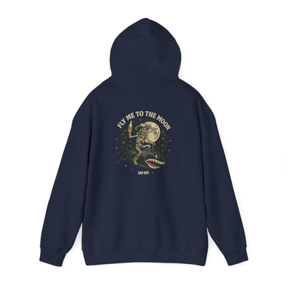 Fly Me to the Moon Moon — Skeleton Flight Shark Hoodie Retro Astronaut Graphic - Savage Operators Tactical Tee | Hoodie | Savage Operators Clothing | Patriotic Apparel | Military Humor | High Quality S