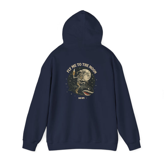Fly Me to the Moon Moon — Skeleton Flight Shark Hoodie Retro Astronaut Graphic - Savage Operators Tactical Tee | Hoodie | Savage Operators Clothing | Patriotic Apparel | Military Humor | High Quality S