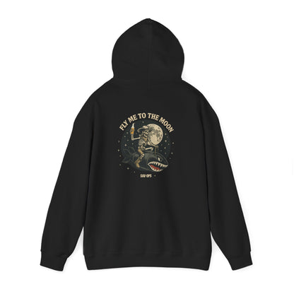 Fly Me to the Moon Moon — Skeleton Flight Shark Hoodie Retro Astronaut Graphic - Savage Operators Tactical Tee | Hoodie | Savage Operators Clothing | Patriotic Apparel | Military Humor | High Quality S