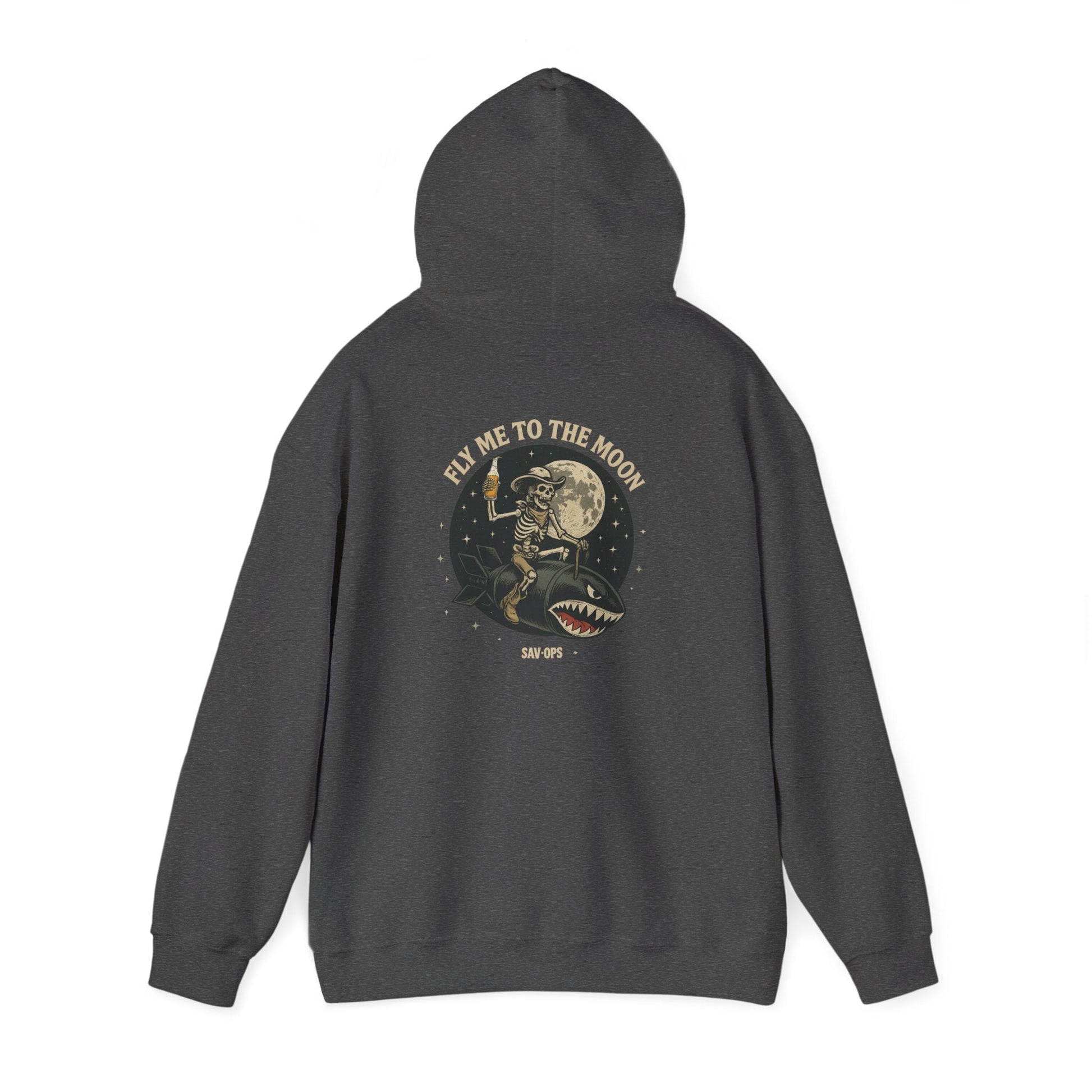 Fly Me to the Moon Moon — Skeleton Flight Shark Hoodie Retro Astronaut Graphic - Savage Operators Tactical Tee | Hoodie | Savage Operators Clothing | Patriotic Apparel | Military Humor | High Quality S