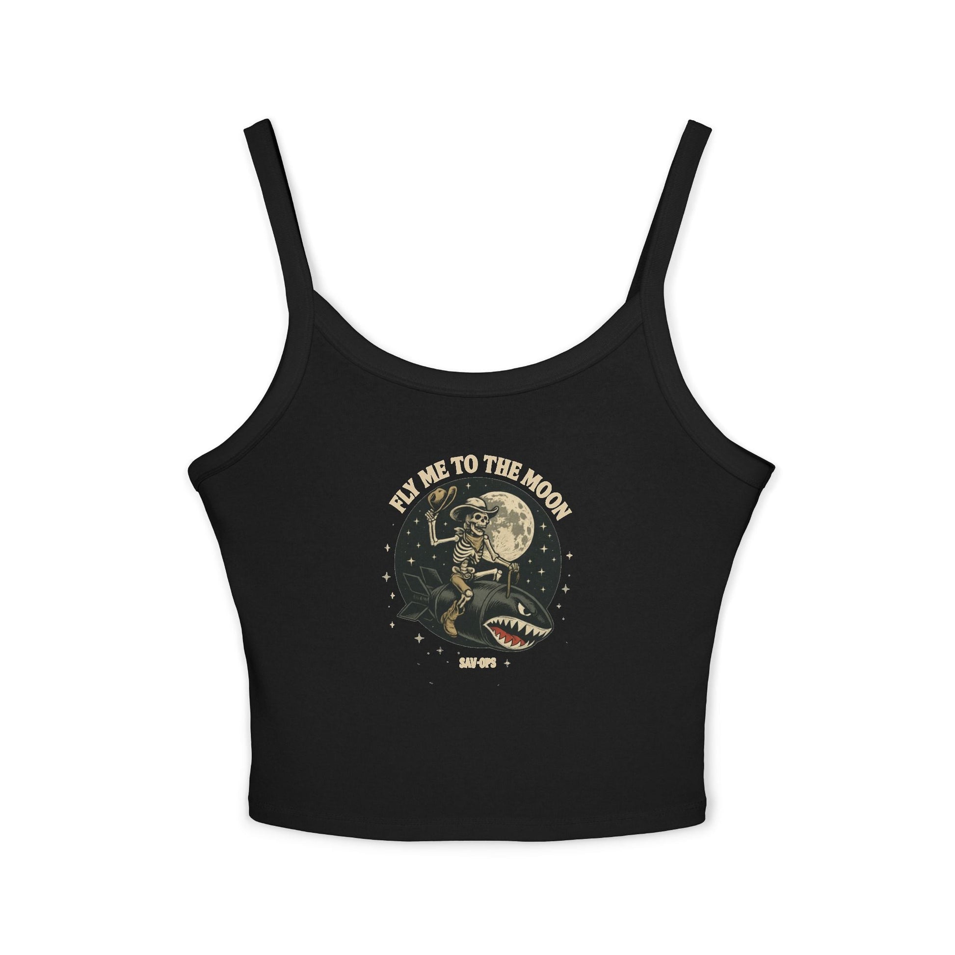 Fly Me To The Moon – Skeleton Cosmic Rider Women’s Tank | Savage Operators - Savage Operators Tactical Tee | Tank Top | Savage Operators Clothing | Patriotic Apparel | Military Humor | High Quality Solid Black Blend