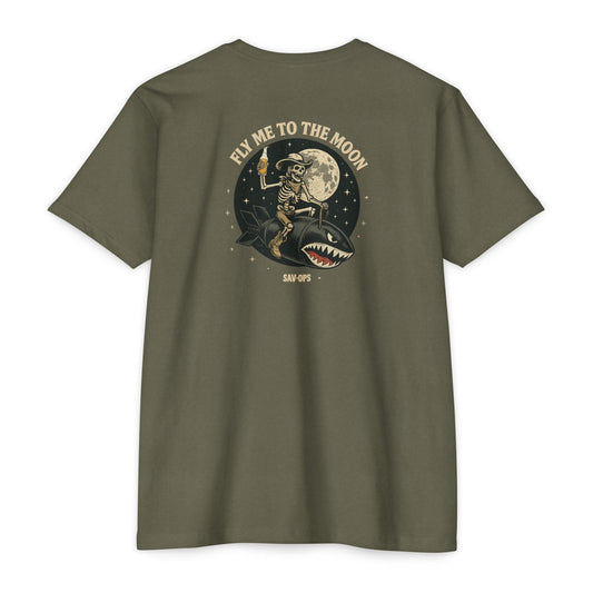 Fly Me to the Moon – Skeleton Cowboy Rocket Back Print Tee | Savage Operators - Savage Operators Tactical Tee | T-Shirt | Savage Operators Clothing | Patriotic Apparel | Military Humor | High Quality CVC Military Green