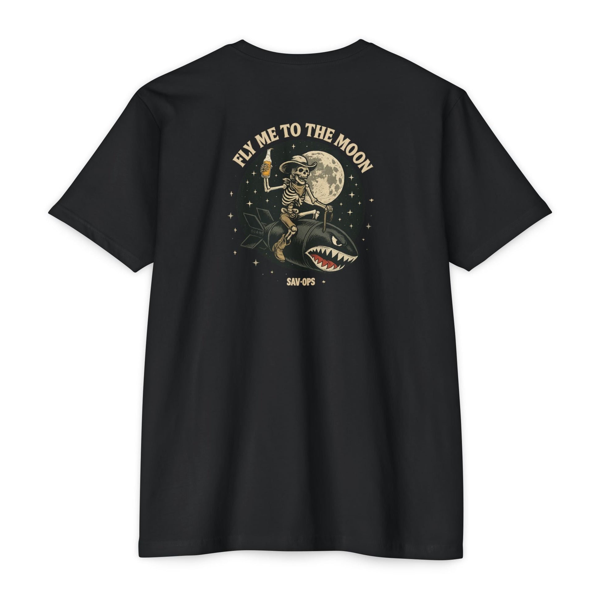 Fly Me to the Moon – Skeleton Cowboy Rocket Back Print Tee | Savage Operators - Savage Operators Tactical Tee | T-Shirt | Savage Operators Clothing | Patriotic Apparel | Military Humor | High Quality CVC Black