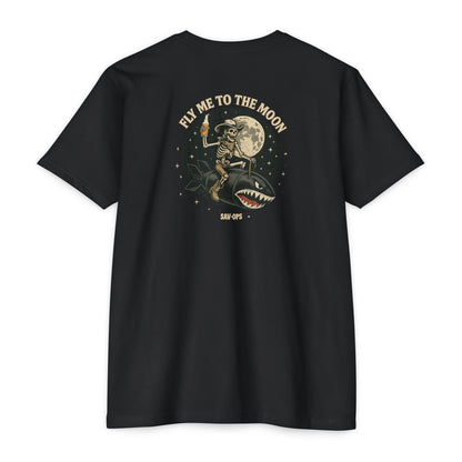 Fly Me to the Moon – Skeleton Cowboy Rocket Back Print Tee | Savage Operators - Savage Operators Tactical Tee | T-Shirt | Savage Operators Clothing | Patriotic Apparel | Military Humor | High Quality CVC Black