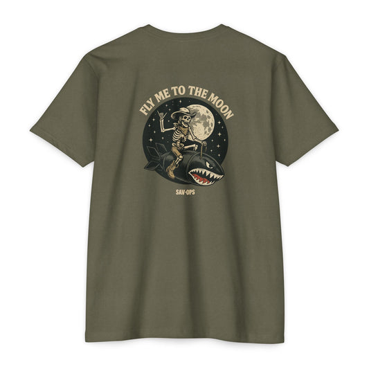 Fly Me to the Moon – Skeleton Cowboy Rocket Back Print Tee | Savage Operators - Savage Operators Tactical Tee | T-Shirt | Savage Operators Clothing | Patriotic Apparel | Military Humor | High Quality CVC Military Green
