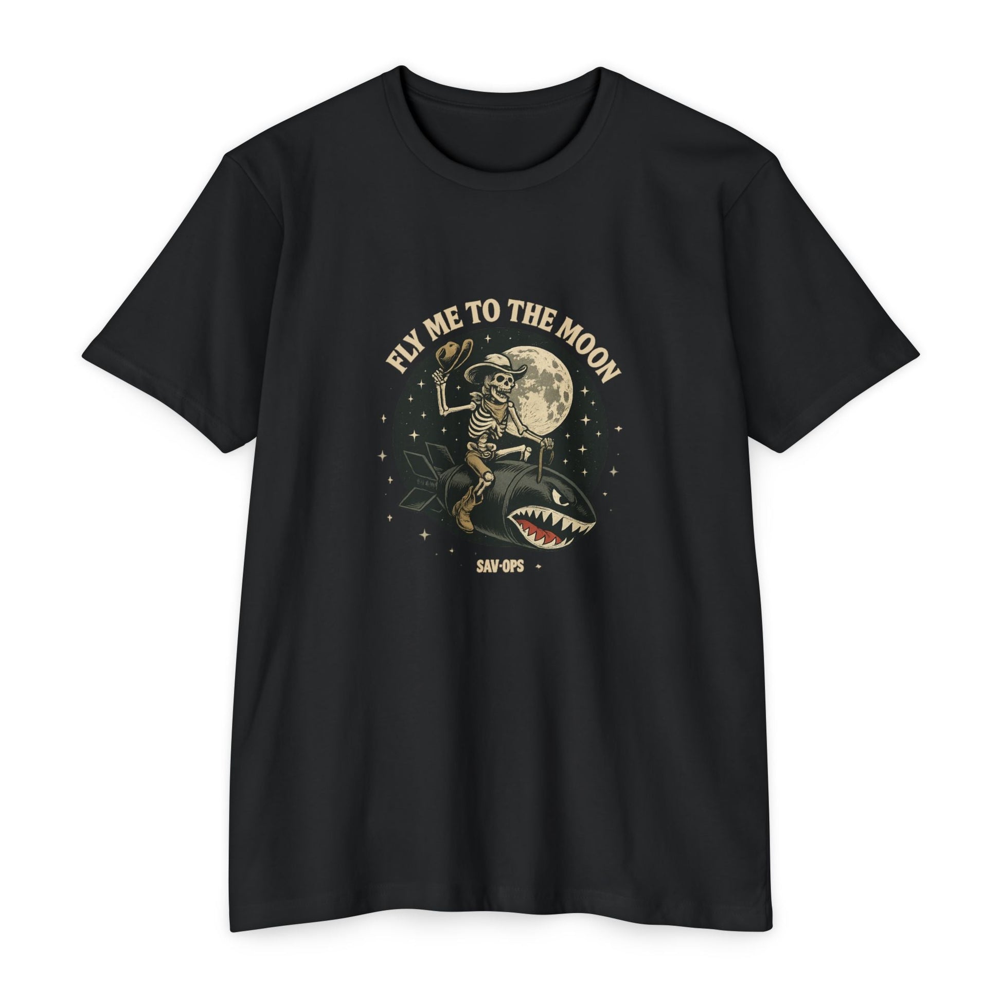 Fly Me to the Moon – Skeleton Cowboy Rocket Ride Tee | Savage Operators - Savage Operators Tactical Tee | T-Shirt | Savage Operators Clothing | Patriotic Apparel | Military Humor | High Quality CVC Black