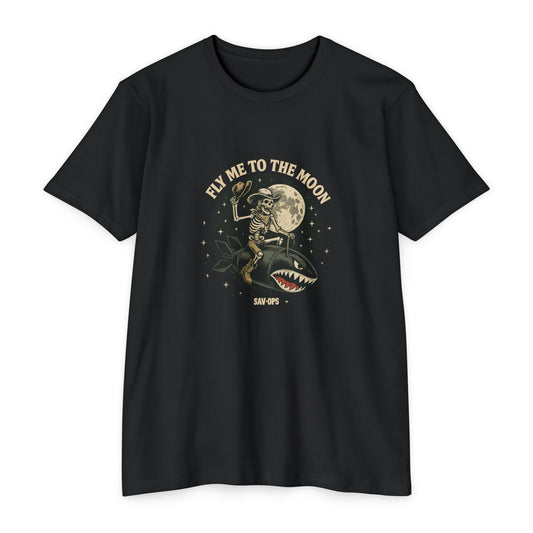 Fly Me to the Moon – Skeleton Cowboy Rocket Ride Tee | Savage Operators - Savage Operators Tactical Tee | T-Shirt | Savage Operators Clothing | Patriotic Apparel | Military Humor | High Quality CVC Black