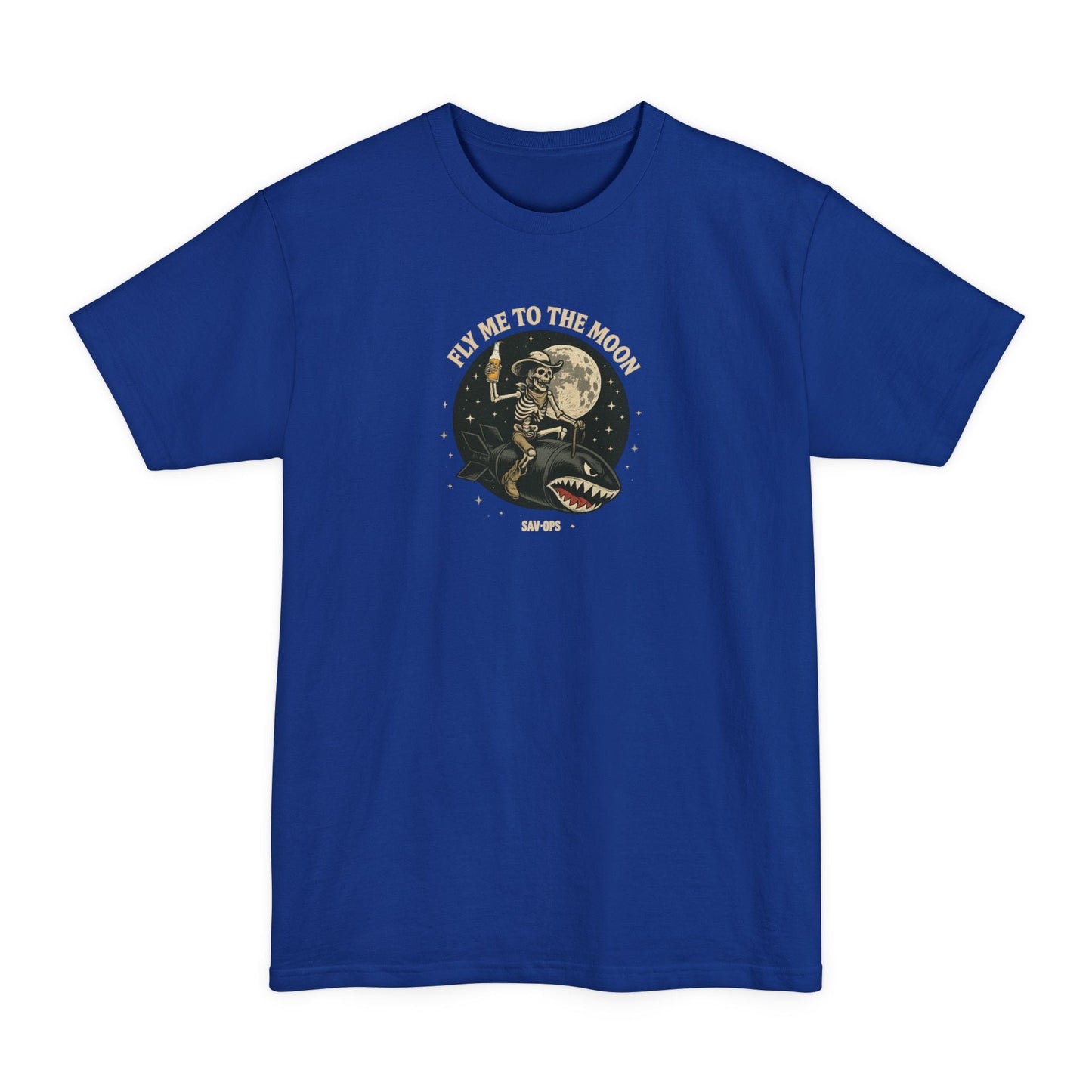Fly Me to the Moon Skeleton Riding Bomb T-Shirt — Vintage Rocket Big & Tall Tee - Savage Operators Tactical Tee | T-Shirt | Savage Operators Clothing | Patriotic Apparel | Military Humor | High Quality Deep Royal