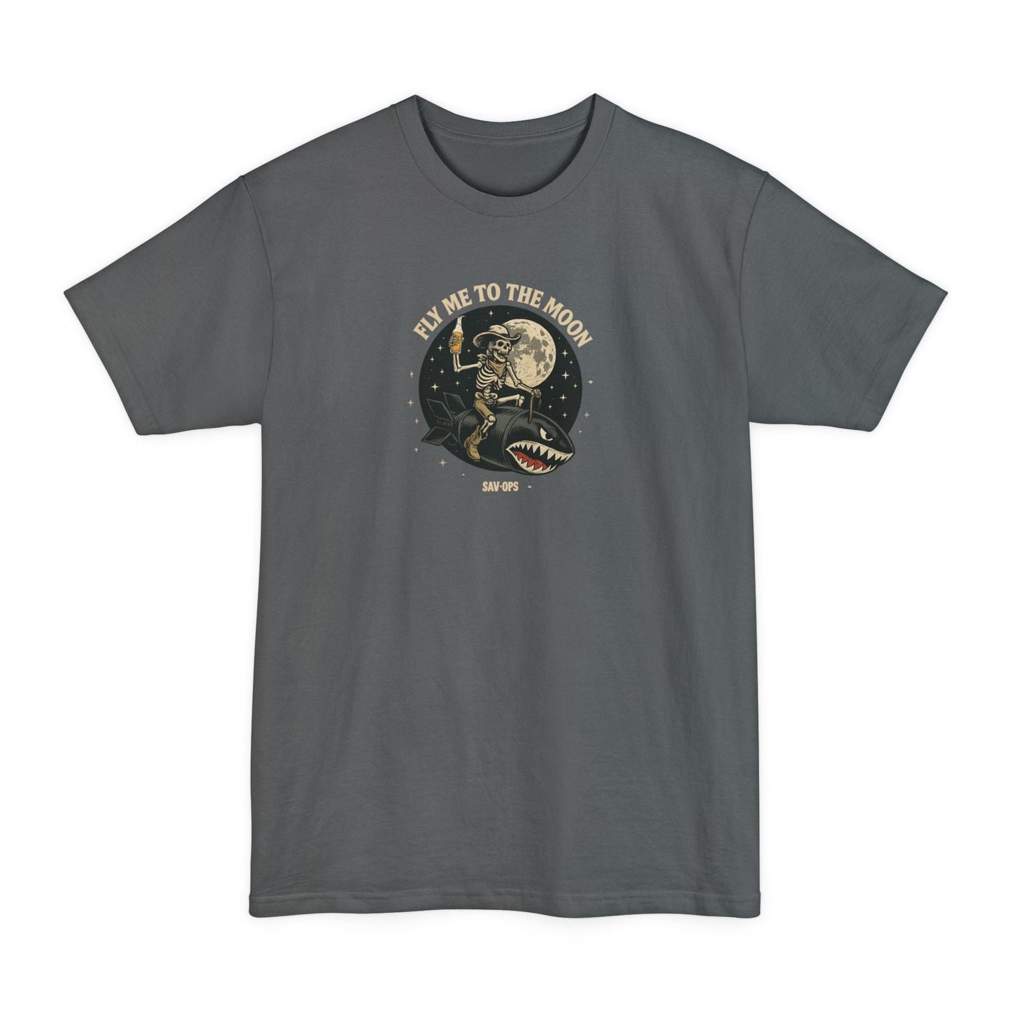 Fly Me to the Moon Skeleton Riding Bomb T-Shirt — Vintage Rocket Big & Tall Tee - Savage Operators Tactical Tee | T-Shirt | Savage Operators Clothing | Patriotic Apparel | Military Humor | High Quality Navy
