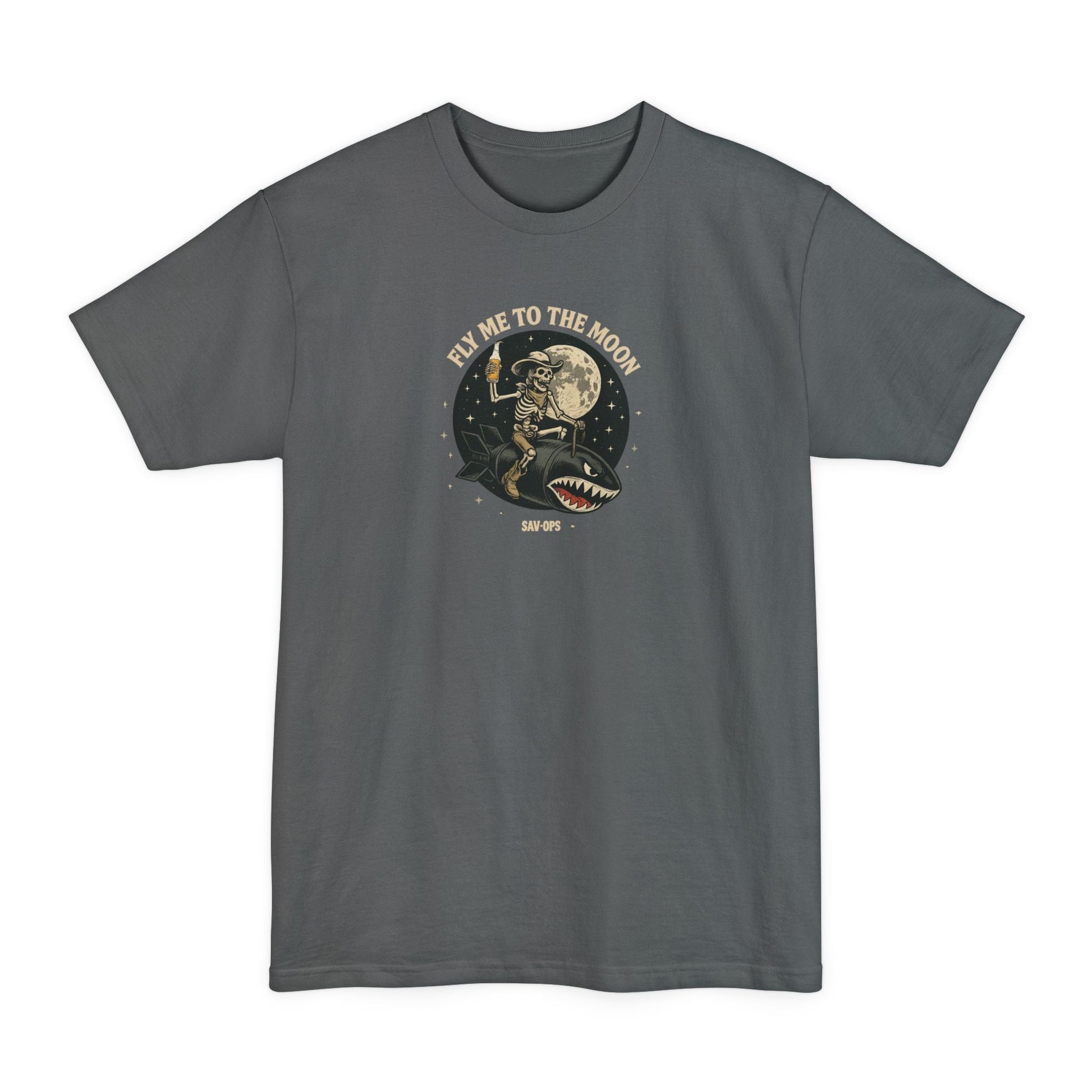 Fly Me to the Moon Skeleton Riding Bomb T-Shirt — Vintage Rocket Big & Tall Tee - Savage Operators Tactical Tee | T-Shirt | Savage Operators Clothing | Patriotic Apparel | Military Humor | High Quality Navy