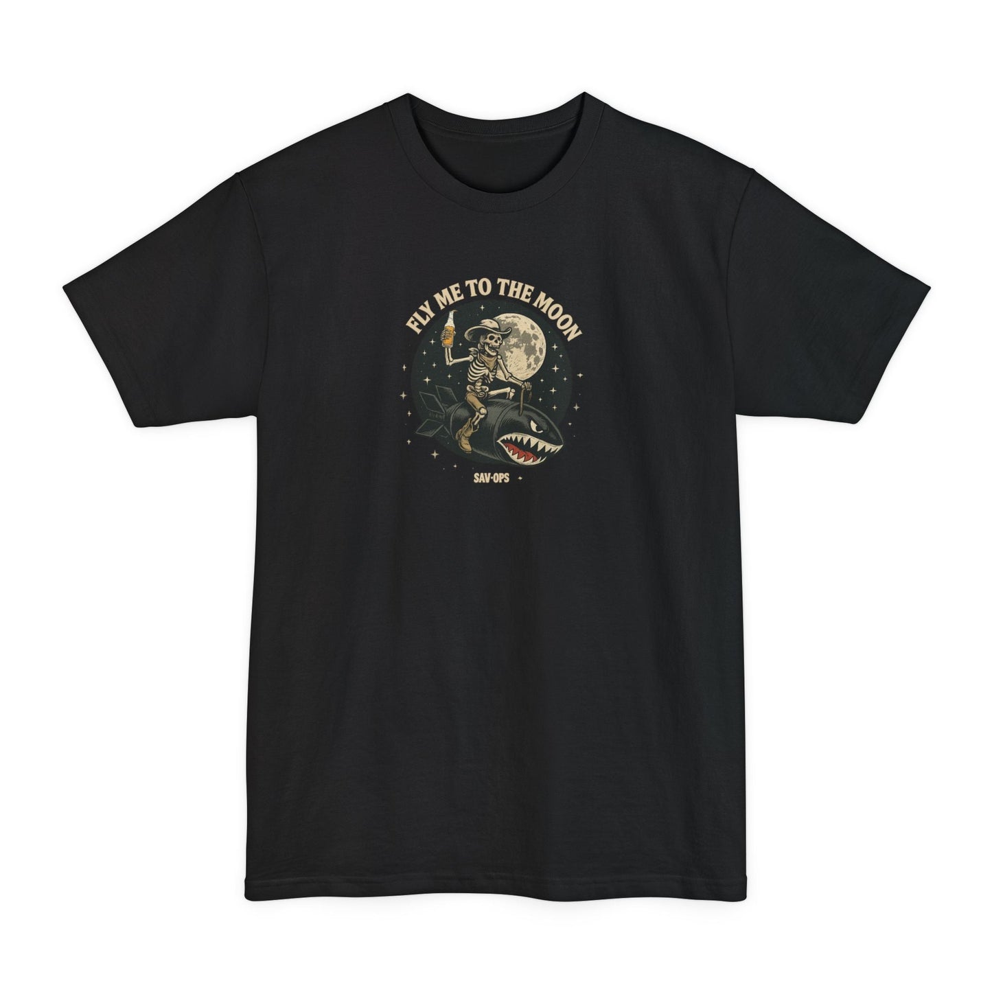Fly Me to the Moon Skeleton Riding Bomb T-Shirt — Vintage Rocket Big & Tall Tee - Savage Operators Tactical Tee | T-Shirt | Savage Operators Clothing | Patriotic Apparel | Military Humor | High Quality Black