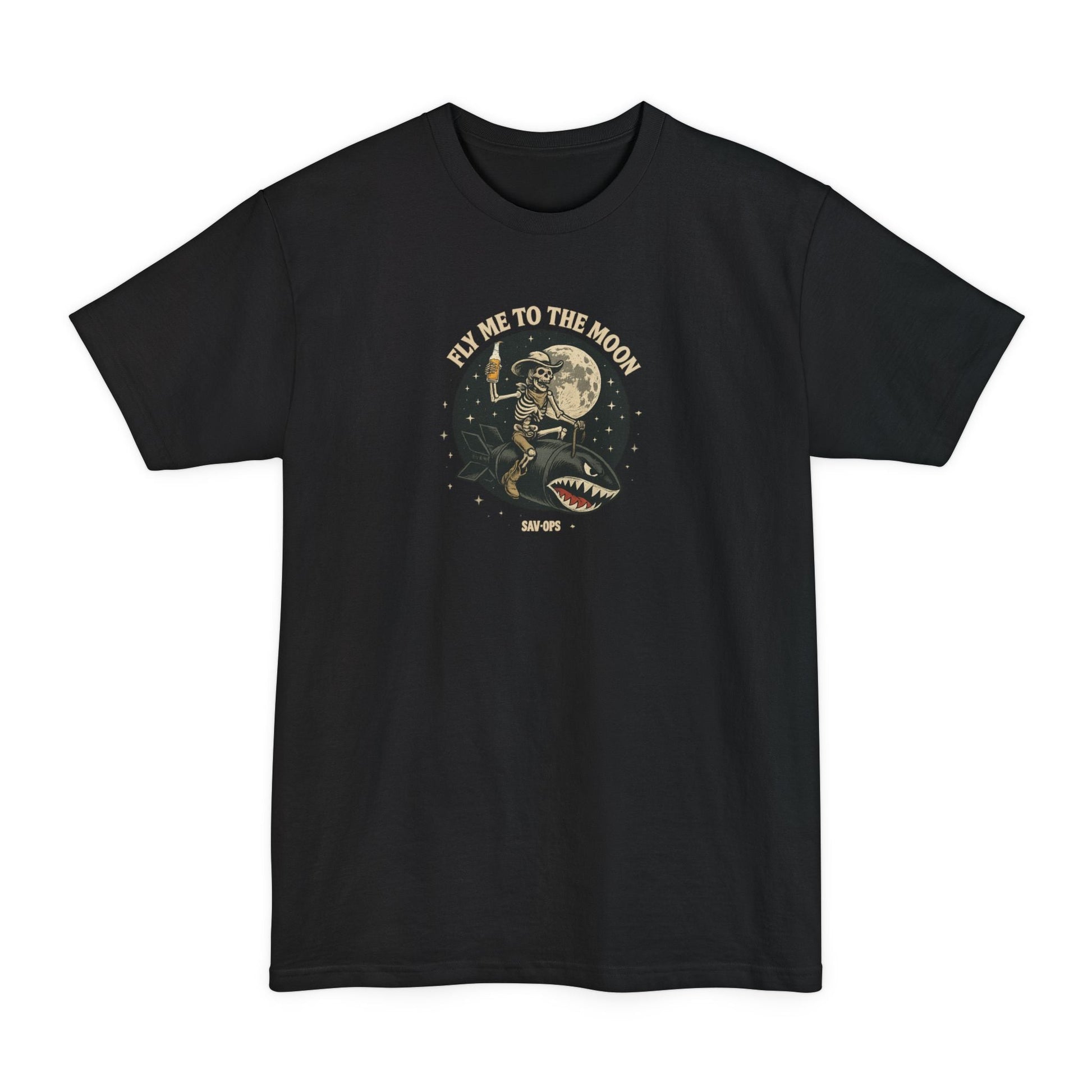 Fly Me to the Moon Skeleton Riding Bomb T-Shirt — Vintage Rocket Big & Tall Tee - Savage Operators Tactical Tee | T-Shirt | Savage Operators Clothing | Patriotic Apparel | Military Humor | High Quality Black
