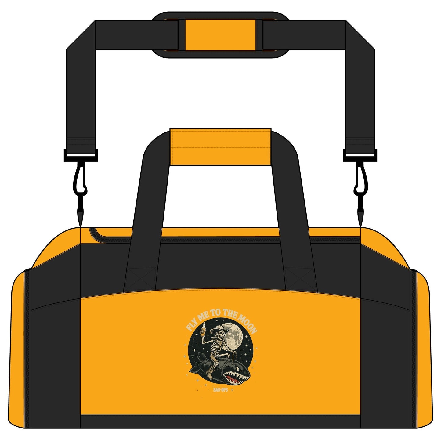 Fly Me To The Moon — Skeleton riding Shark Bomb Gym Range Bag - Savage Operators Tactical Tee | Bags | Savage Operators Clothing | Patriotic Apparel | Military Humor | High Quality Gold