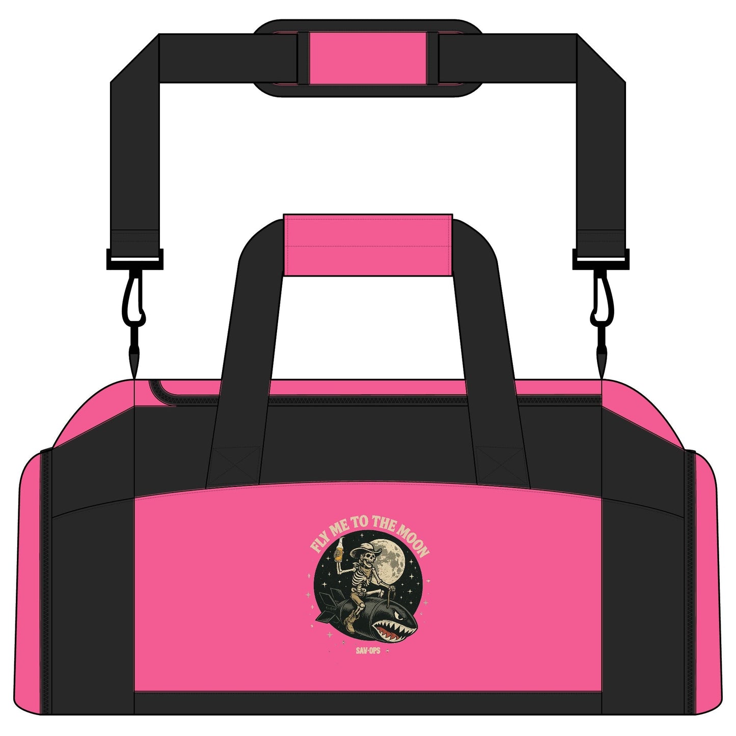 Fly Me To The Moon — Skeleton riding Shark Bomb Gym Range Bag - Savage Operators Tactical Tee | Bags | Savage Operators Clothing | Patriotic Apparel | Military Humor | High Quality Tropical Pink