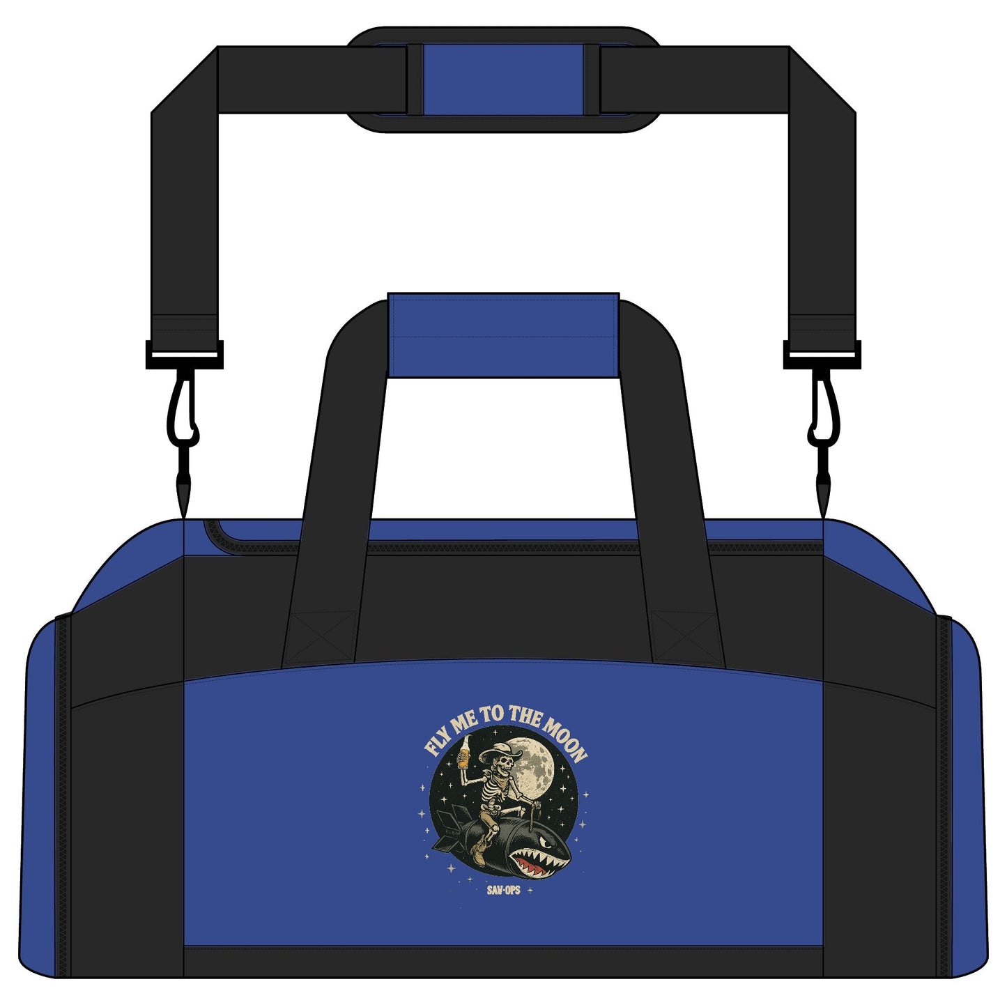 Fly Me To The Moon — Skeleton riding Shark Bomb Gym Range Bag - Savage Operators Tactical Tee | Bags | Savage Operators Clothing | Patriotic Apparel | Military Humor | High Quality Royal
