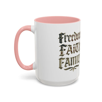 Freedom Faith Family Accent Coffee Mug – Patriotic American Flag Money Script 16oz - Savage Operators Tactical Tee | Mug | Savage Operators Clothing | Patriotic Apparel | Military Humor | High Quality 15oz