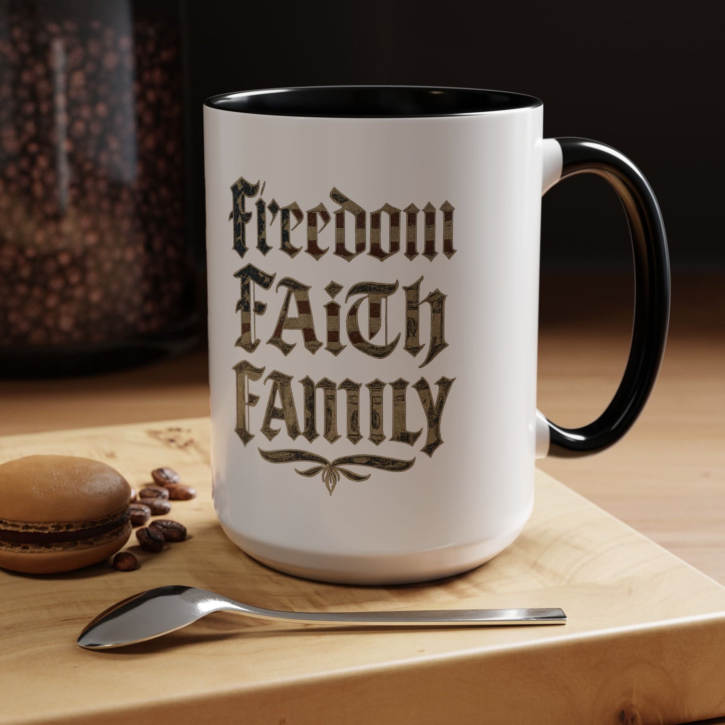 Freedom Faith Family Accent Coffee Mug – Patriotic American Flag Money Script 16oz - Savage Operators Tactical Tee | Mug | Savage Operators Clothing | Patriotic Apparel | Military Humor | High Quality 15oz