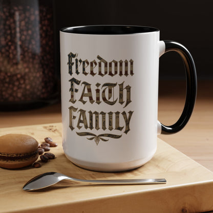 Freedom Faith Family Accent Coffee Mug – Patriotic American Flag Money Script 16oz - Savage Operators Tactical Tee | Mug | Savage Operators Clothing | Patriotic Apparel | Military Humor | High Quality 15oz