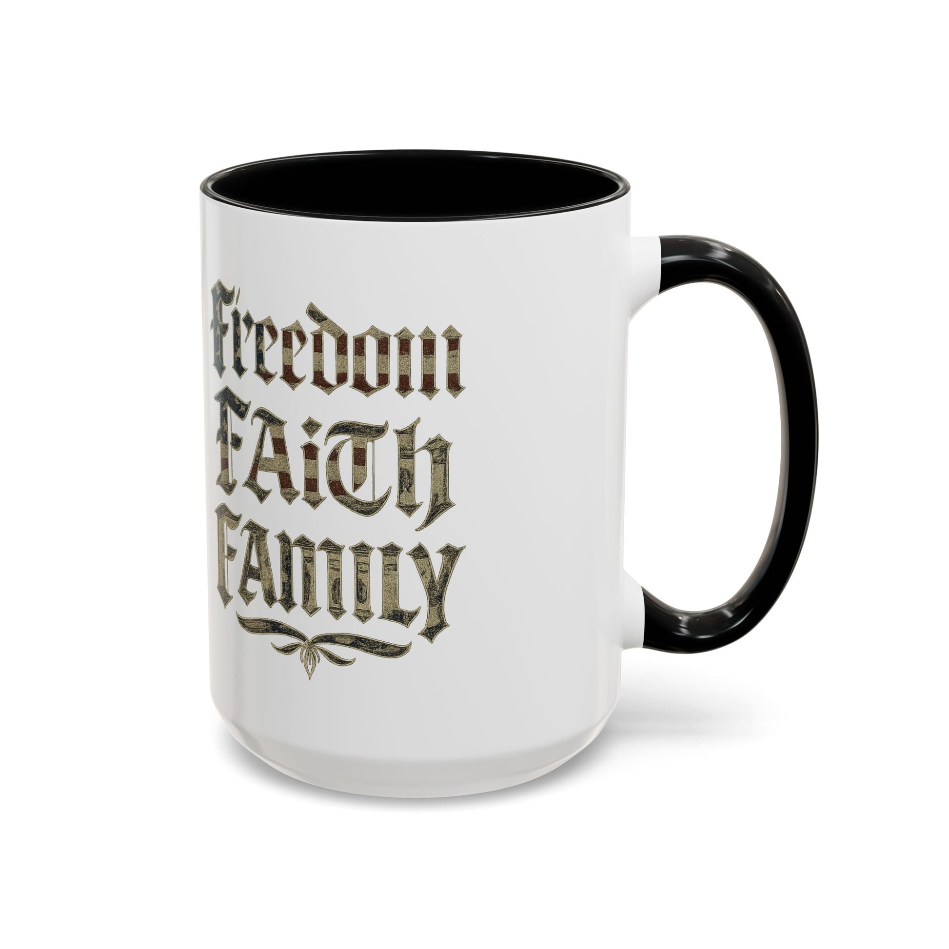 Freedom Faith Family Accent Coffee Mug – Patriotic American Flag Money Script 16oz - Savage Operators Tactical Tee | Mug | Savage Operators Clothing | Patriotic Apparel | Military Humor | High Quality 15oz