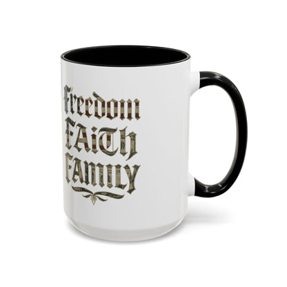Freedom Faith Family Accent Coffee Mug – Patriotic American Flag Money Script 16oz - Savage Operators Tactical Tee | Mug | Savage Operators Clothing | Patriotic Apparel | Military Humor | High Quality 15oz