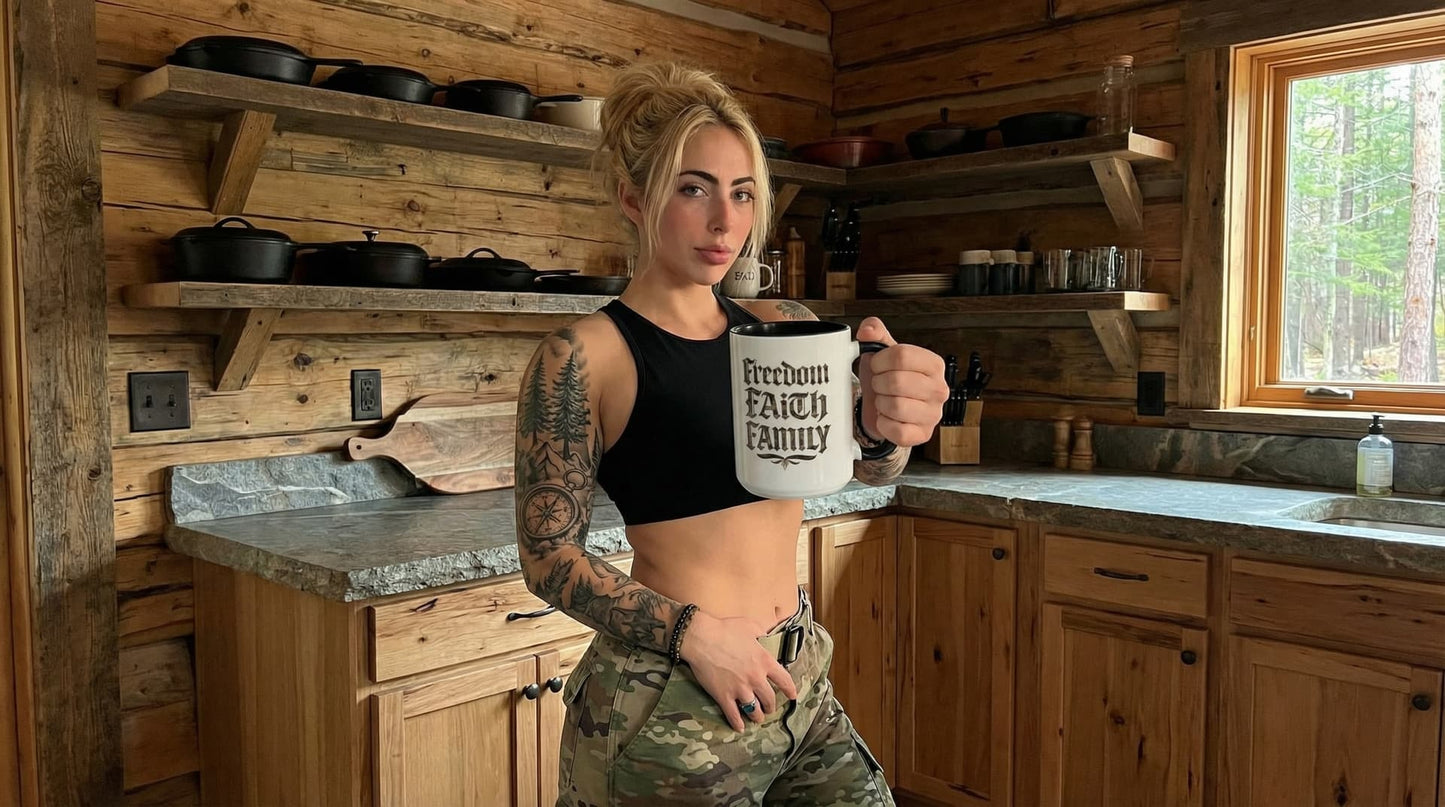 Freedom Faith Family Accent Coffee Mug – Patriotic American Flag Money Script 16oz - Savage Operators Tactical Tee | Mug | Savage Operators Clothing | Patriotic Apparel | Military Humor | High Quality 15oz