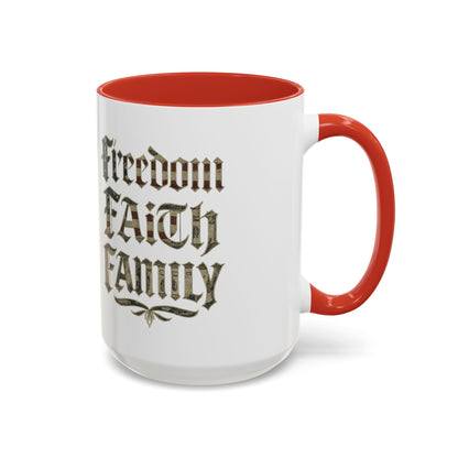 Freedom Faith Family Accent Coffee Mug – Patriotic American Flag Money Script 16oz - Savage Operators Tactical Tee | Mug | Savage Operators Clothing | Patriotic Apparel | Military Humor | High Quality 15oz