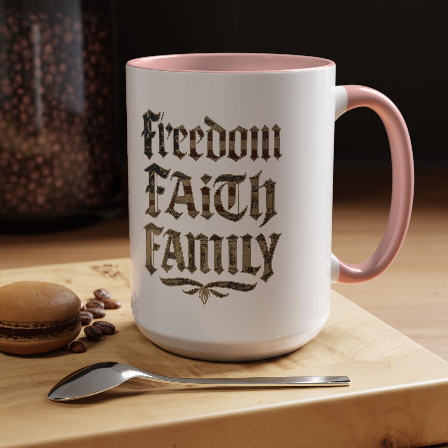 Freedom Faith Family Accent Coffee Mug – Patriotic American Flag Money Script 16oz - Savage Operators Tactical Tee | Mug | Savage Operators Clothing | Patriotic Apparel | Military Humor | High Quality 15oz