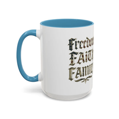 Freedom Faith Family Accent Coffee Mug – Patriotic American Flag Money Script 16oz - Savage Operators Tactical Tee | Mug | Savage Operators Clothing | Patriotic Apparel | Military Humor | High Quality 15oz