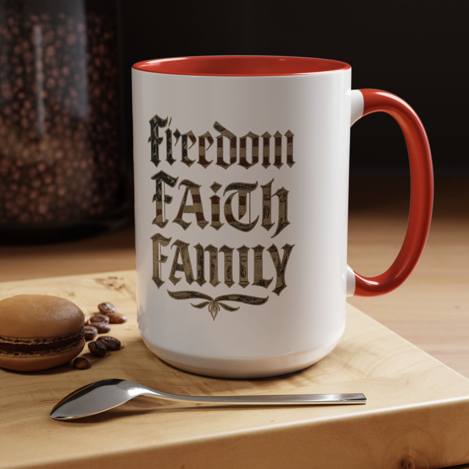 Freedom Faith Family Accent Coffee Mug – Patriotic American Flag Money Script 16oz - Savage Operators Tactical Tee | Mug | Savage Operators Clothing | Patriotic Apparel | Military Humor | High Quality 15oz