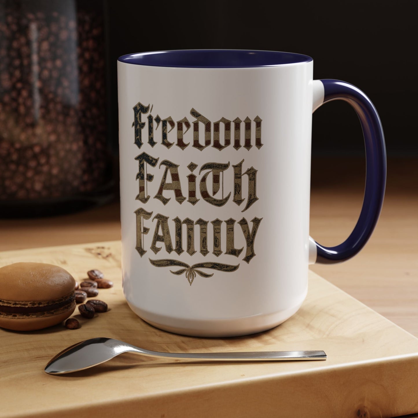 Freedom Faith Family Accent Coffee Mug – Patriotic American Flag Money Script 16oz - Savage Operators Tactical Tee | Mug | Savage Operators Clothing | Patriotic Apparel | Military Humor | High Quality 15oz