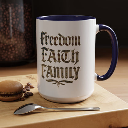 Freedom Faith Family Accent Coffee Mug – Patriotic American Flag Money Script 16oz - Savage Operators Tactical Tee | Mug | Savage Operators Clothing | Patriotic Apparel | Military Humor | High Quality 15oz