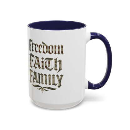 Freedom Faith Family Accent Coffee Mug – Patriotic American Flag Money Script 16oz - Savage Operators Tactical Tee | Mug | Savage Operators Clothing | Patriotic Apparel | Military Humor | High Quality 15oz