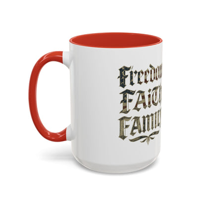 Freedom Faith Family Accent Coffee Mug – Patriotic American Flag Money Script 16oz - Savage Operators Tactical Tee | Mug | Savage Operators Clothing | Patriotic Apparel | Military Humor | High Quality 15oz