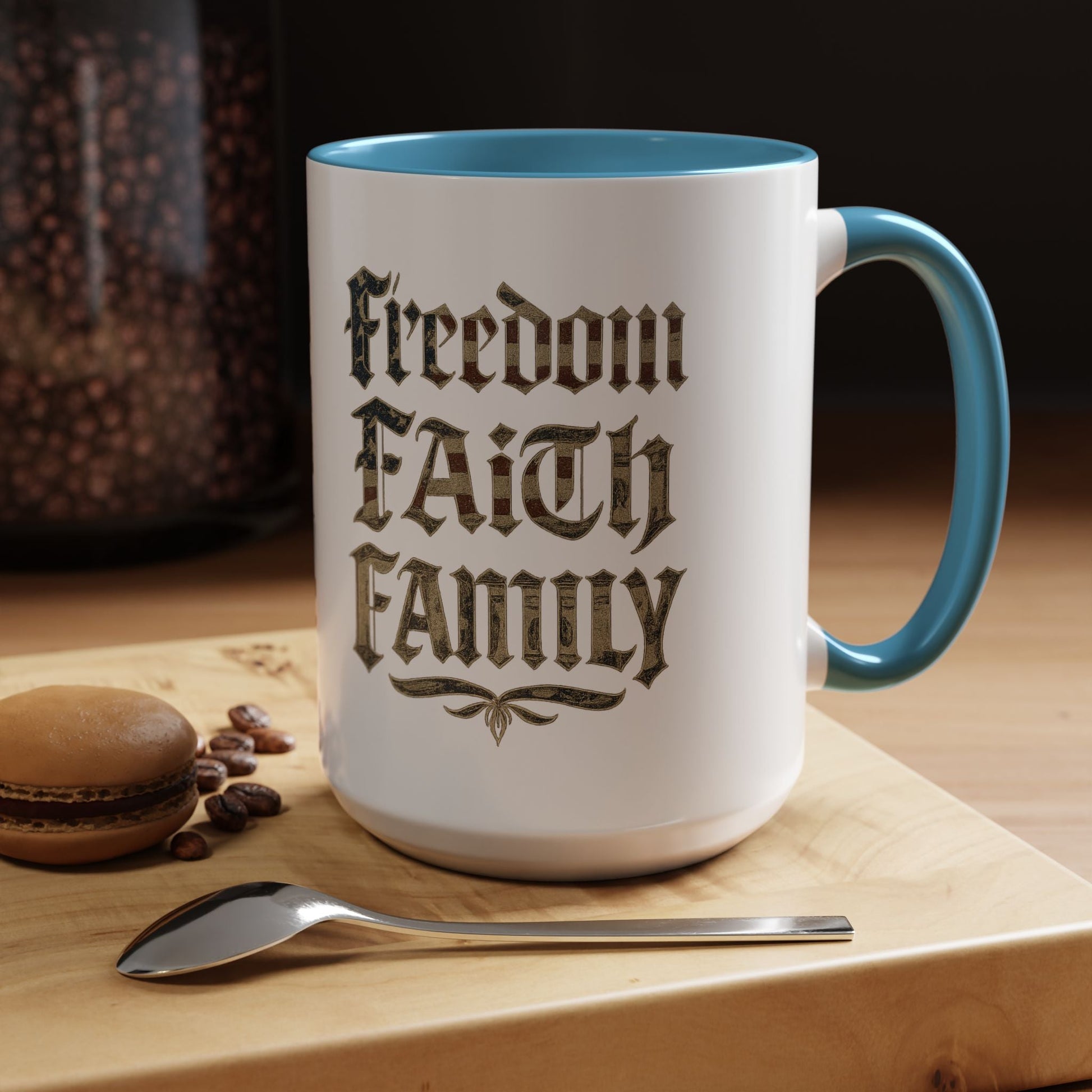Freedom Faith Family Accent Coffee Mug – Patriotic American Flag Money Script 16oz - Savage Operators Tactical Tee | Mug | Savage Operators Clothing | Patriotic Apparel | Military Humor | High Quality 15oz