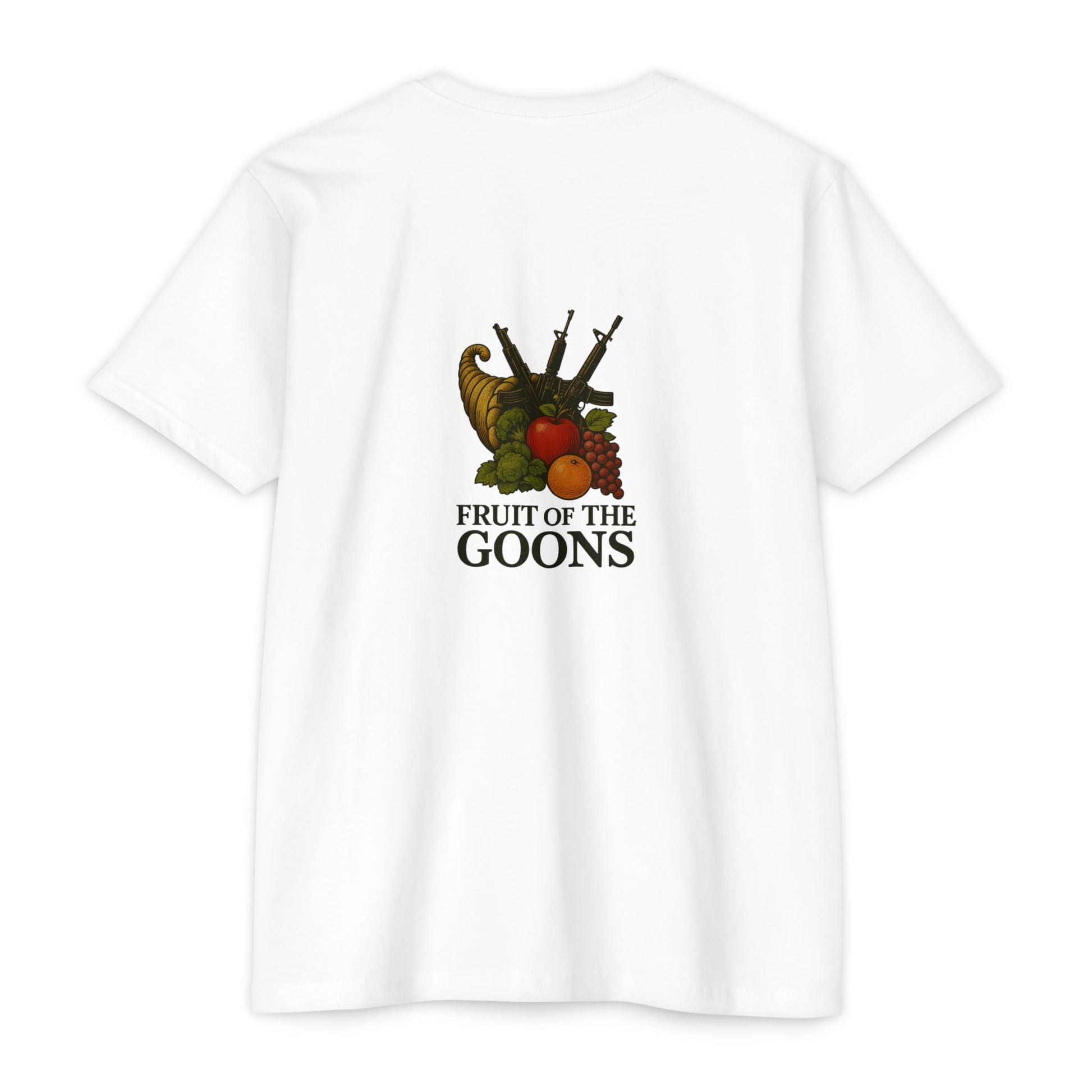 Fruit of the Goon – Tactical Cornucopia Tee - Funny Fruit of The Loom Parody Shirt - BACK PRINT - Savage Operators Tactical Tee | T-Shirt | Savage Operators Clothing | Patriotic Apparel | Military Humor | High Quality CVC White