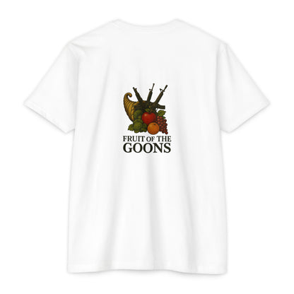 Fruit of the Goon – Tactical Cornucopia Tee - Funny Fruit of The Loom Parody Shirt - BACK PRINT - Savage Operators Tactical Tee | T-Shirt | Savage Operators Clothing | Patriotic Apparel | Military Humor | High Quality CVC White