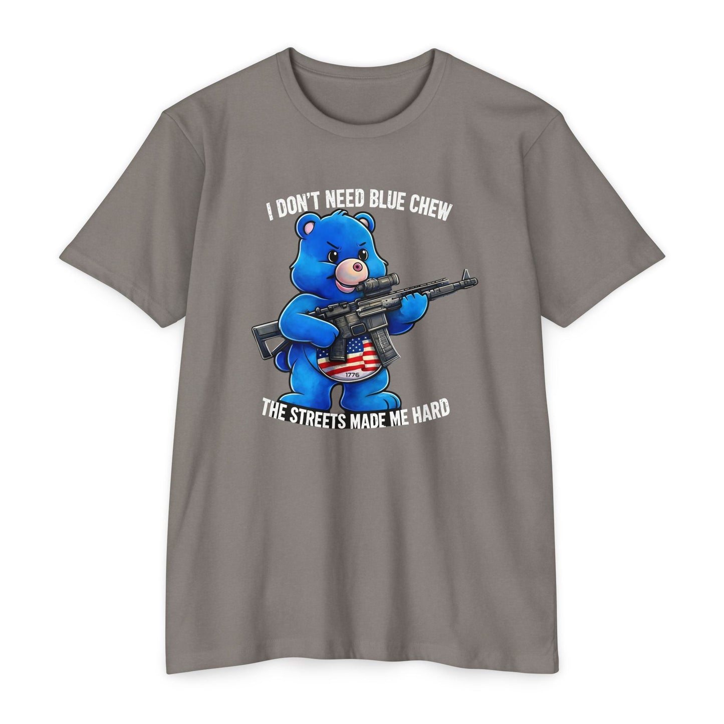 Funny Tactical Bear Shirt – “I Don’t Need Blue Chew” Gun Meme T-Shirt – Savage Operators Graphic Tee - Savage Operators Tactical Tee | T-Shirt | Savage Operators Clothing | Patriotic Apparel | Military Humor | High Quality CVC Stone Gray