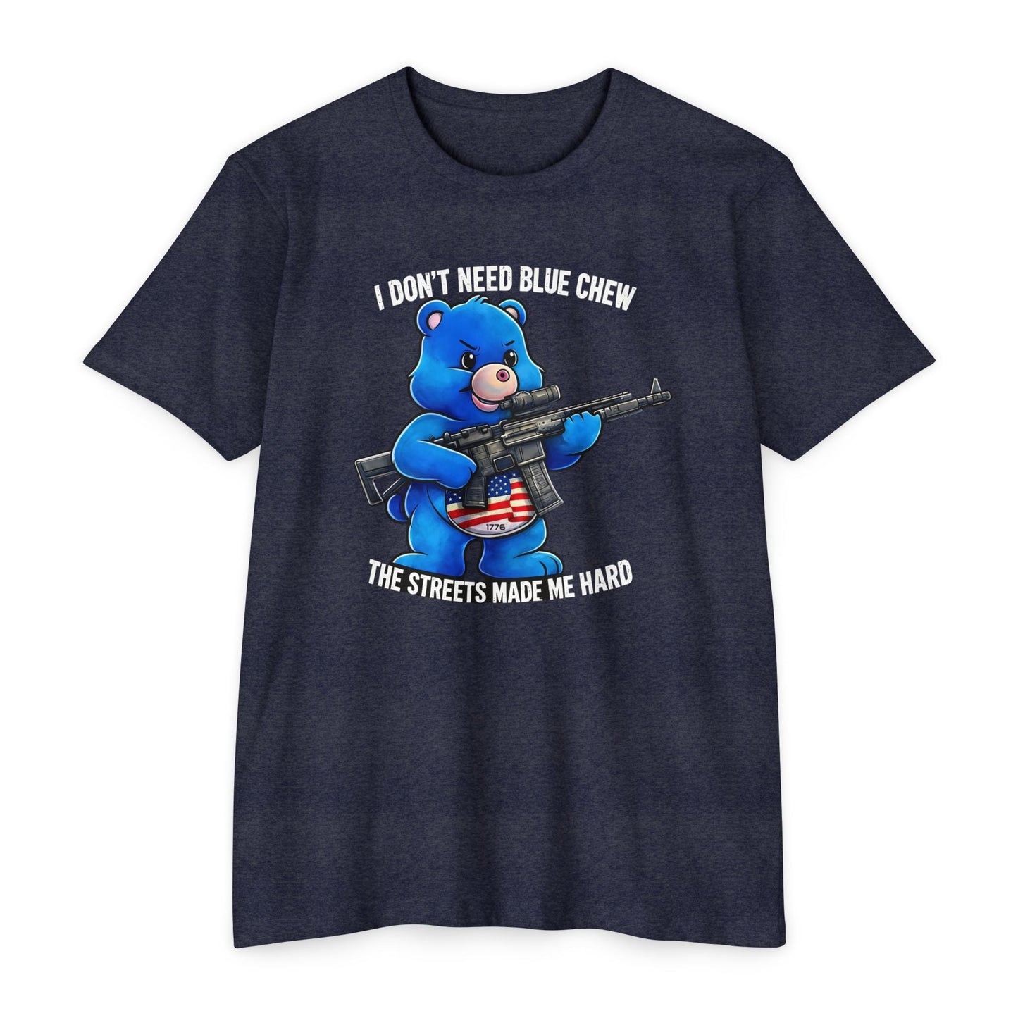 Funny Tactical Bear Shirt – “I Don’t Need Blue Chew” Gun Meme T-Shirt – Savage Operators Graphic Tee - Savage Operators Tactical Tee | T-Shirt | Savage Operators Clothing | Patriotic Apparel | Military Humor | High Quality CVC Midnight Navy