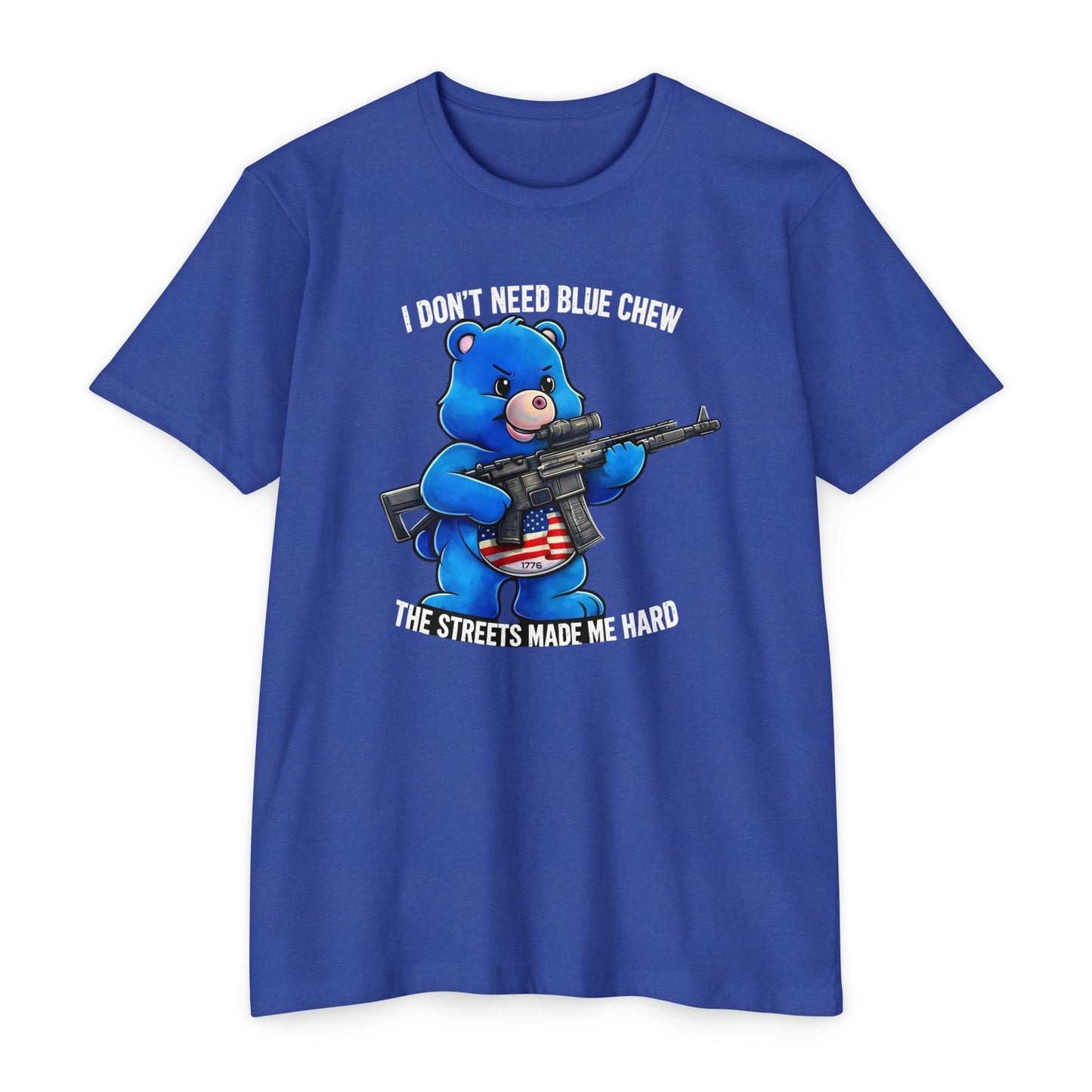 Funny Tactical Bear Shirt – “I Don’t Need Blue Chew” Gun Meme T-Shirt – Savage Operators Graphic Tee - Savage Operators Tactical Tee | T-Shirt | Savage Operators Clothing | Patriotic Apparel | Military Humor | High Quality CVC Royal