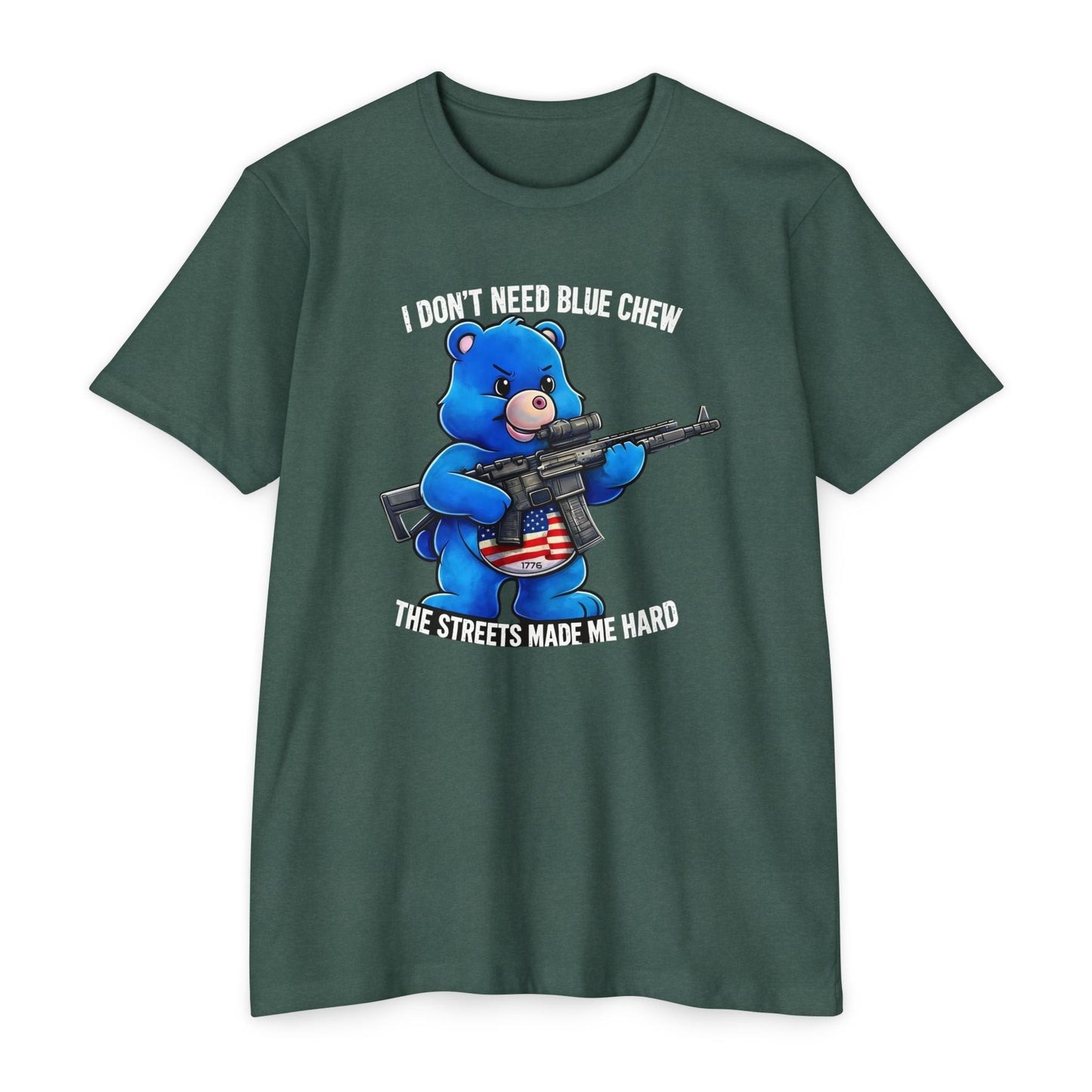 Funny Tactical Bear Shirt – “I Don’t Need Blue Chew” Gun Meme T-Shirt – Savage Operators Graphic Tee - Savage Operators Tactical Tee | T-Shirt | Savage Operators Clothing | Patriotic Apparel | Military Humor | High Quality Heather Forest Green