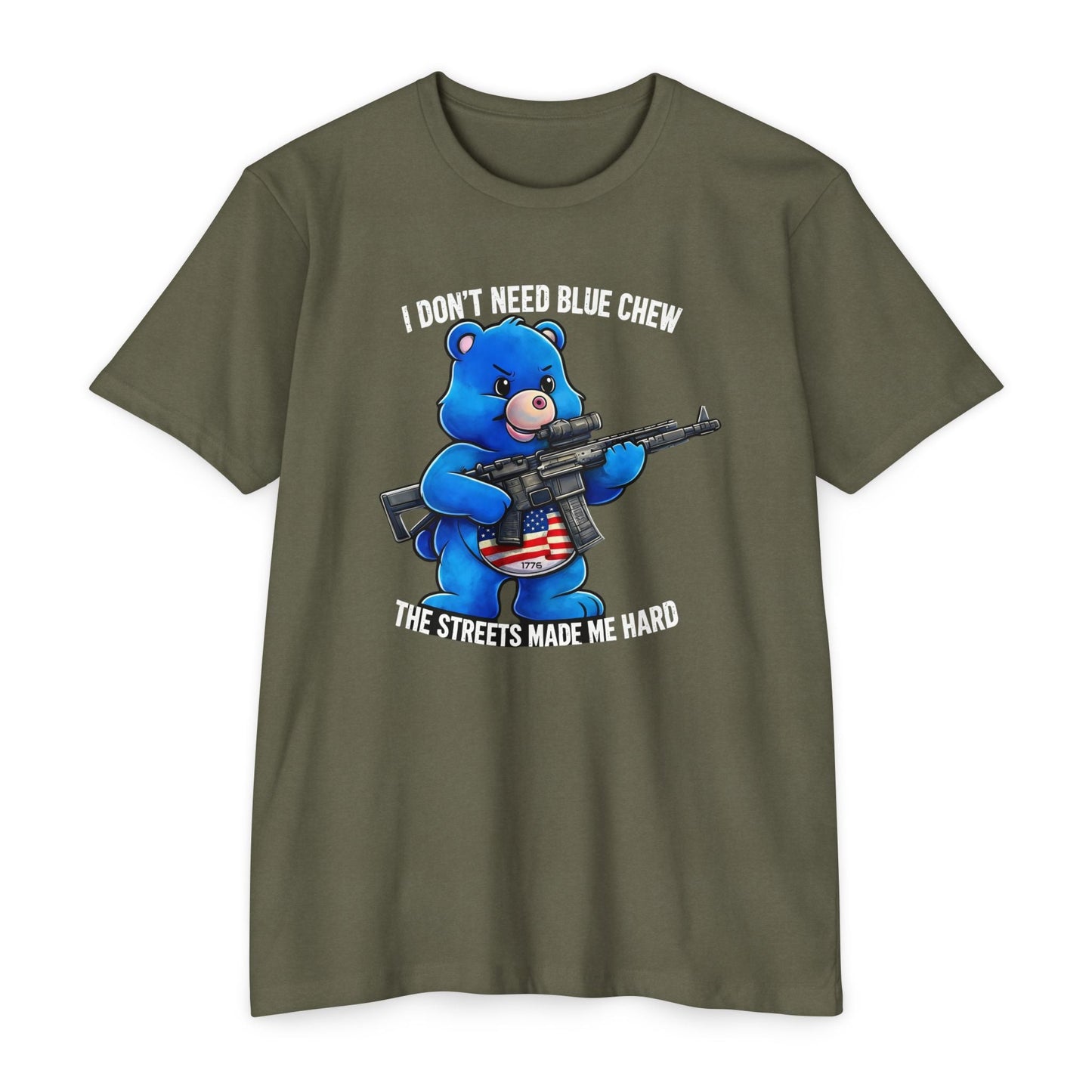 Funny Tactical Bear Shirt – “I Don’t Need Blue Chew” Gun Meme T-Shirt – Savage Operators Graphic Tee - Savage Operators Tactical Tee | T-Shirt | Savage Operators Clothing | Patriotic Apparel | Military Humor | High Quality CVC Military Green