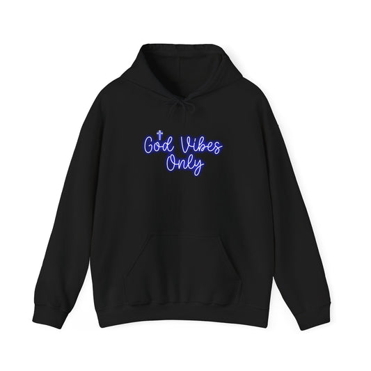 God Vibes Only Hoodie — Neon Script Spiritual Faith Pullover FRONT PRINT - Savage Operators Tactical Tee | Hoodie | Savage Operators Clothing | Patriotic Apparel | Military Humor | High Quality S