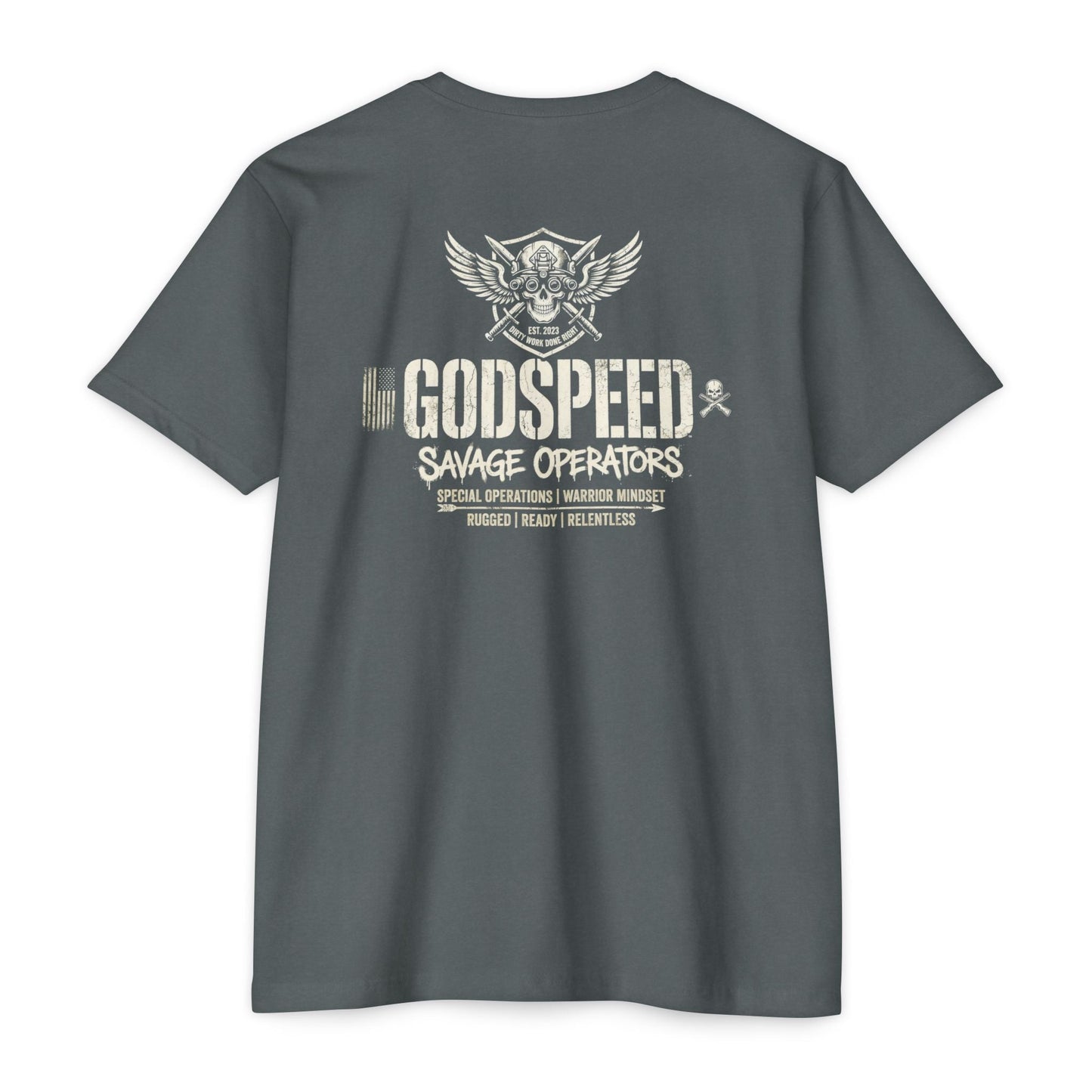 GODSPEED Back Print Shirt – Savage Operators Tactical Skull Tee | Distressed Military Streetwear - Savage Operators Tactical Tee | T-Shirt | Savage Operators Clothing | Patriotic Apparel | Military Humor | High Quality Heather Heavy Metal