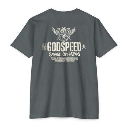 GODSPEED Back Print Shirt – Savage Operators Tactical Skull Tee | Distressed Military Streetwear - Savage Operators Tactical Tee | T-Shirt | Savage Operators Clothing | Patriotic Apparel | Military Humor | High Quality Heather Heavy Metal