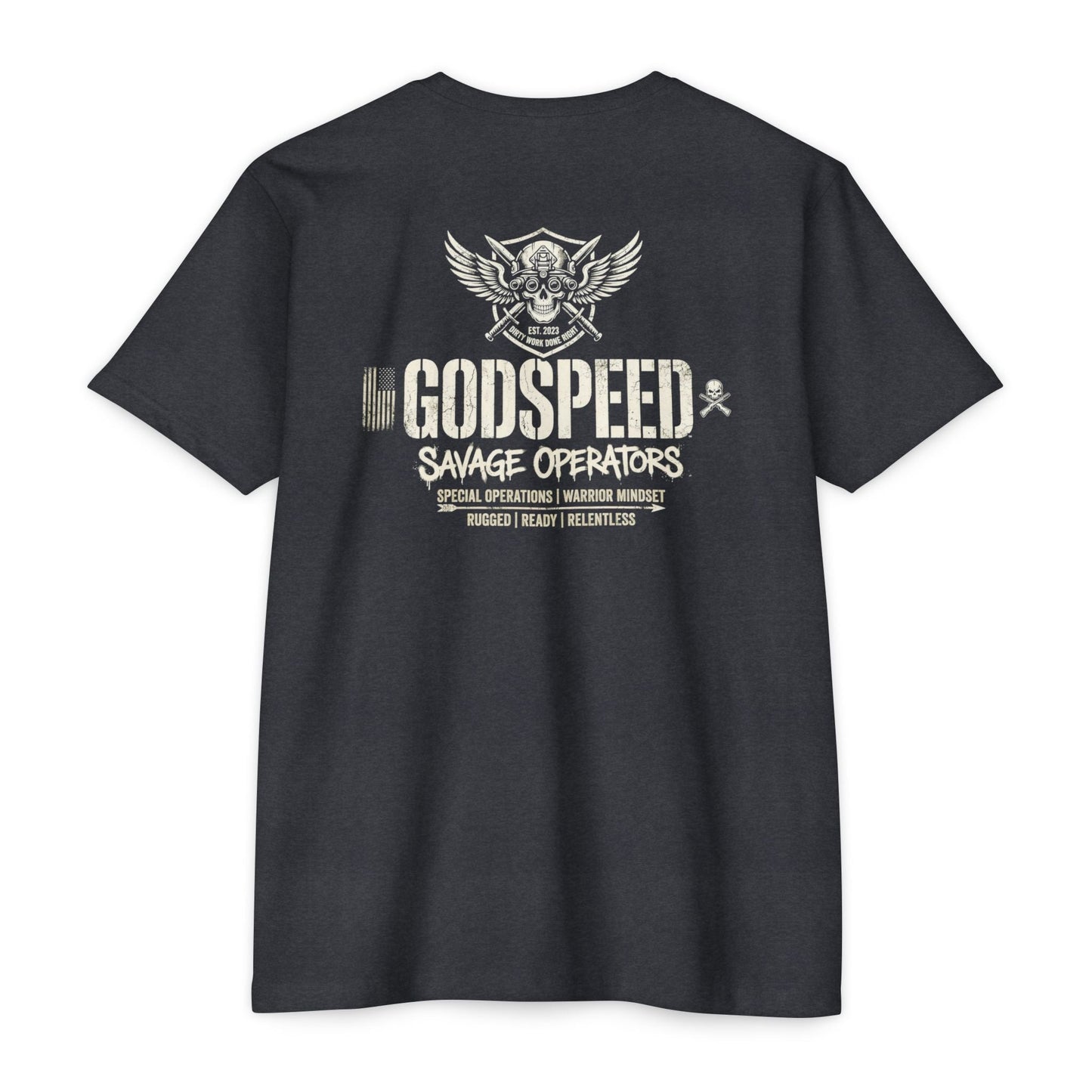 GODSPEED Back Print Shirt – Savage Operators Tactical Skull Tee | Distressed Military Streetwear - Savage Operators Tactical Tee | T-Shirt | Savage Operators Clothing | Patriotic Apparel | Military Humor | High Quality CVC Charcoal