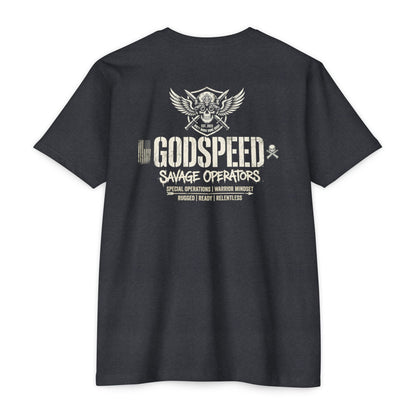GODSPEED Back Print Shirt – Savage Operators Tactical Skull Tee | Distressed Military Streetwear - Savage Operators Tactical Tee | T-Shirt | Savage Operators Clothing | Patriotic Apparel | Military Humor | High Quality CVC Charcoal